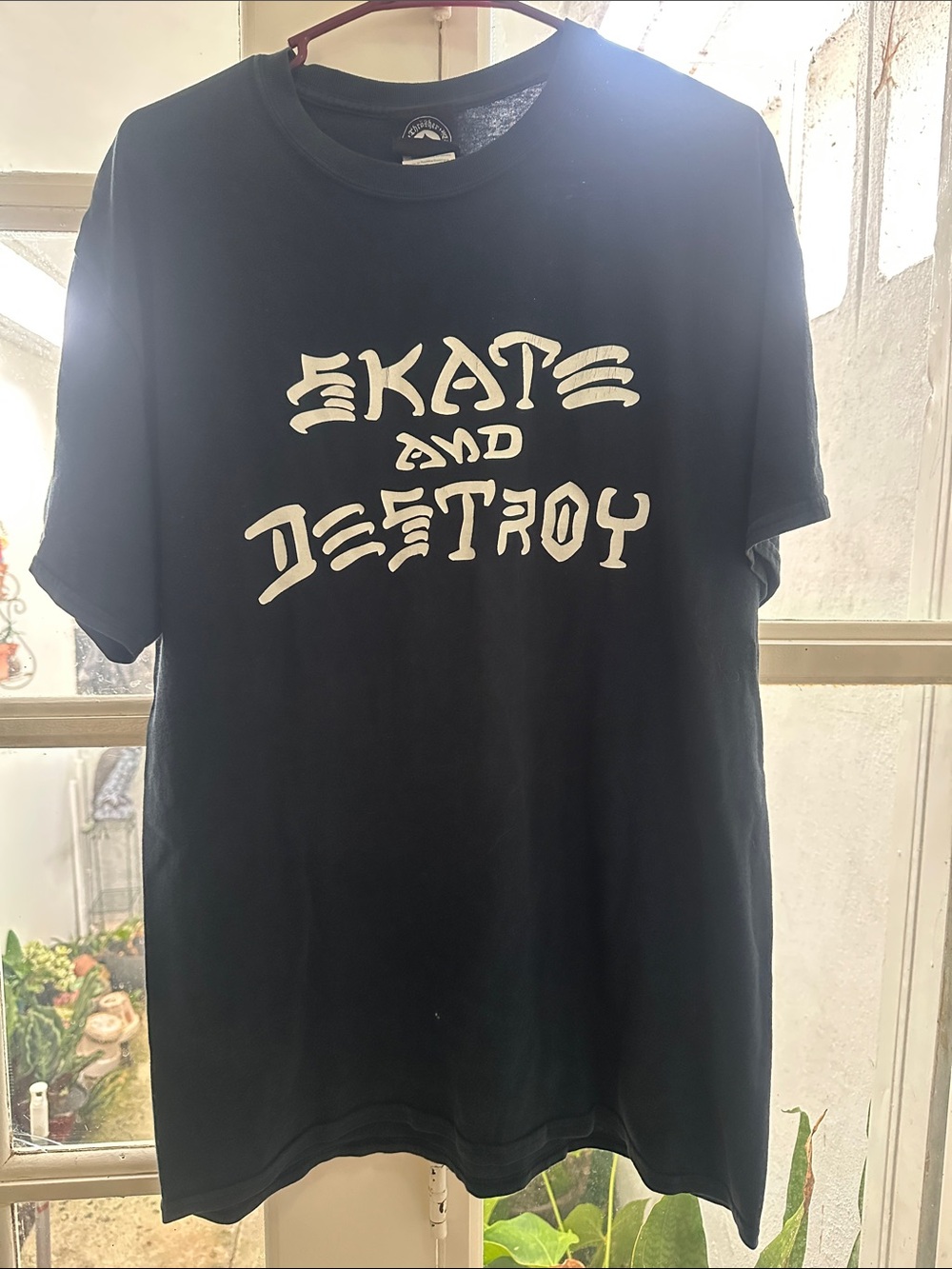 Large Thrasher skate and a destroy Black Tee Faded worn in used Y2K